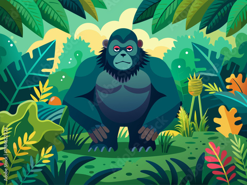 Gorilla crouching watchful amid lush tropical forest plants