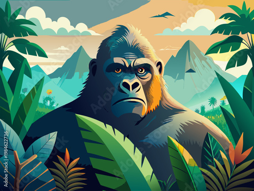 Gorilla closeup staring toward viewer in mountain jungle vista