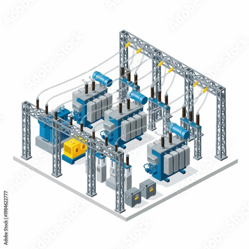 Electrical substation with transformers and power lines.