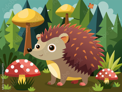 Hedgehog walking among mushrooms in pine forest scene