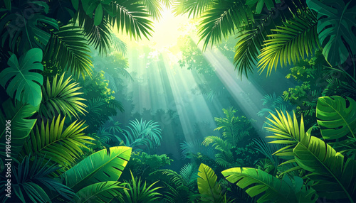 Dramatic shafts illuminate dense palms inside lush habitat. Emerald undergrowth glowing through humid morning haze. Wild tropical scene for adventure tourism marketing