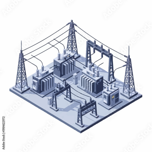 Electrical substation with transformers and power lines.