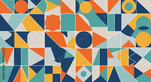 colorful geometric mosaic pattern with triangles circles and squares abstract design
