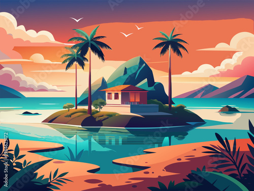 Seaside cottage nestled among palms on tidal lagoon