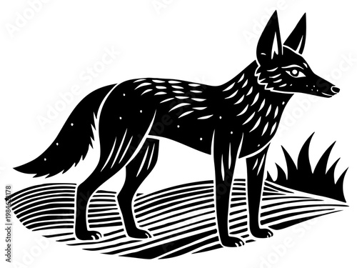 Stylized fox standing on textured ground with grass
