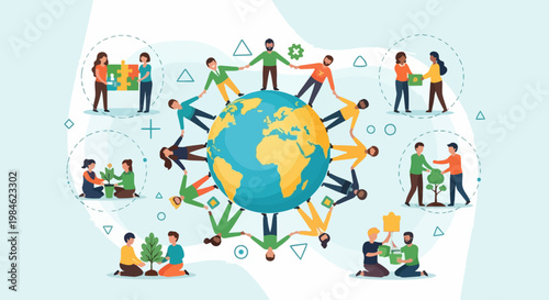 Global community unity vector illustration with diverse people holding hands around earth, promoting environmental care and collaboration.
