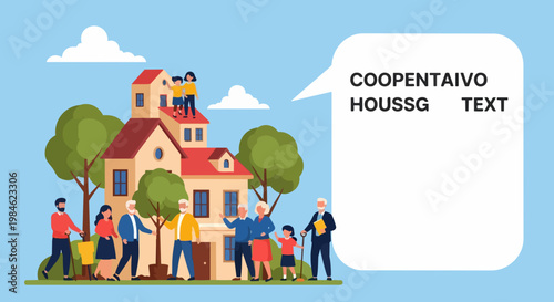 Vector illustration of diverse community members gathering around a stylized house, symbolizing cooperative living and shared housing concepts.