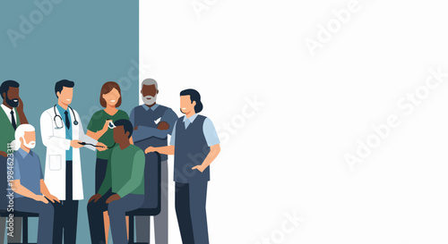 Diverse group of people in consultation with medical professional vector illustration. Healthcare discussion with diverse patients and doctor in modern clinic setting.
