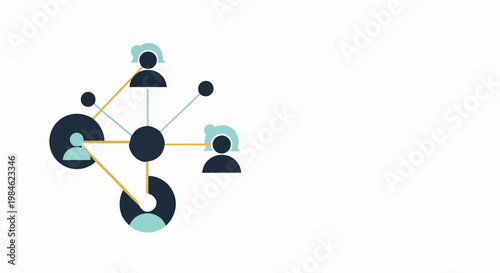 Vector network connection with people icons and abstract shapes, representing social media or team collaboration concept.