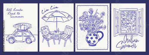 Set of four mediterranean inspired blue prints featuring a lemon car, seaside chairs, floral vase and window scene. Coastal travel collection in vintage line style isolated on white background.
