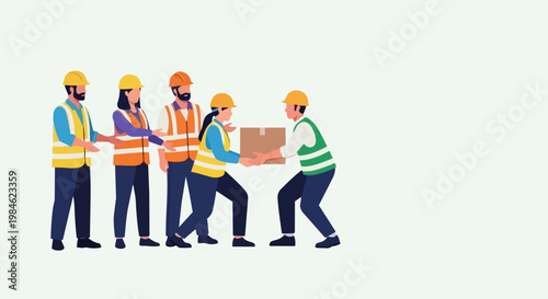 Construction team passing box, teamwork and collaboration in industry, concept for logistics and delivery services. digital illustration