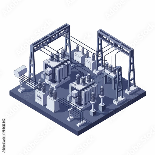 Electrical substation with transformers and power lines isometric view.