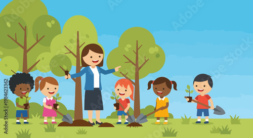 Children planting trees with teacher in park vector illustration. Young students learn about nature and environment, gardening activity with saplings and shovels.