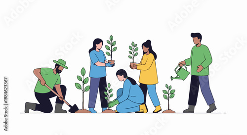 Community planting trees vector illustration, diverse people gardening together, environmental care concept. for branding, packaging, banner, poster, website header, and social media design use