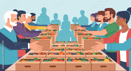 Community food distribution vector illustration with diverse people packing boxes of fresh produce for charity. Helping hands concept for social support and volunteerism.