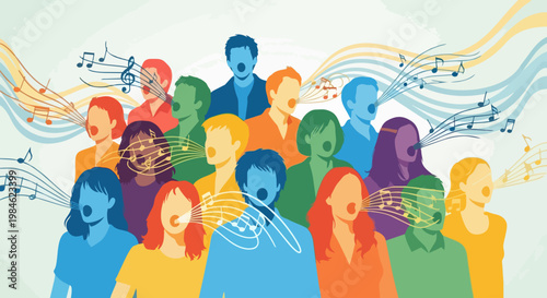 Diverse choir singing together vector illustration with musical notes and sound waves, representing harmony and community in music.