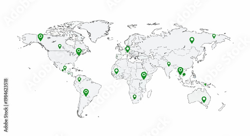 Global map with location pins vector illustration showing worldwide distribution and travel destinations. World map with markers indicating international points of interest for business or tourism.