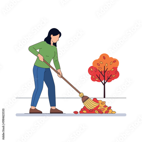 Woman Sweeping Autumn Leaves