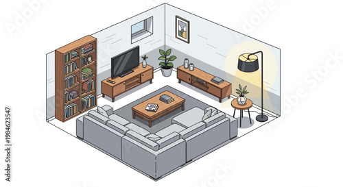 Isometric view of a cozy living room featuring an L-shaped sectional sofa, a coffee table, two TV stands, a tall bookshelf, and a modern floor lamp with warm light.