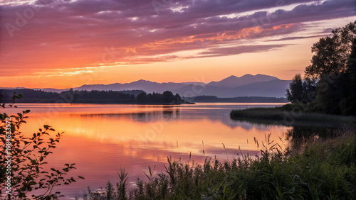 Peaceful lake at sunset with orange and purple sky tones