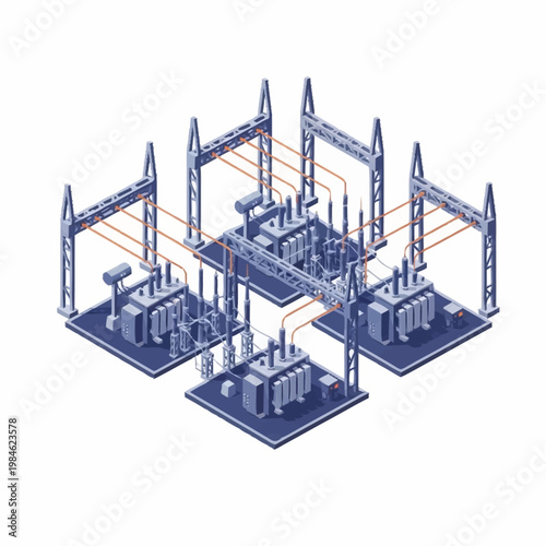 Electrical substation with transformers and power lines isometric view.