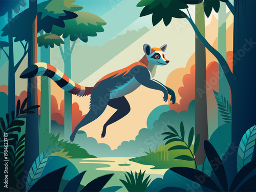 Ring tailed lemur running along lush forest clearing