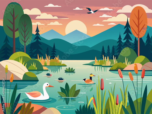 Swan and duck floating on marsh lake at sunset hills