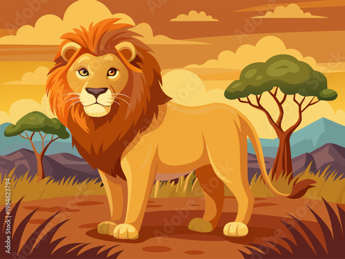 Male lion standing alert in savanna landscape at sunset