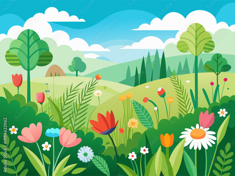 Fototapeta premium Wildflower meadow blooming in rolling green hillside landscape