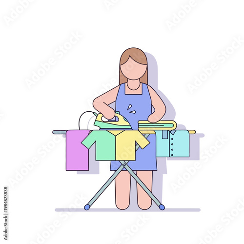 Woman ironing clothes on board