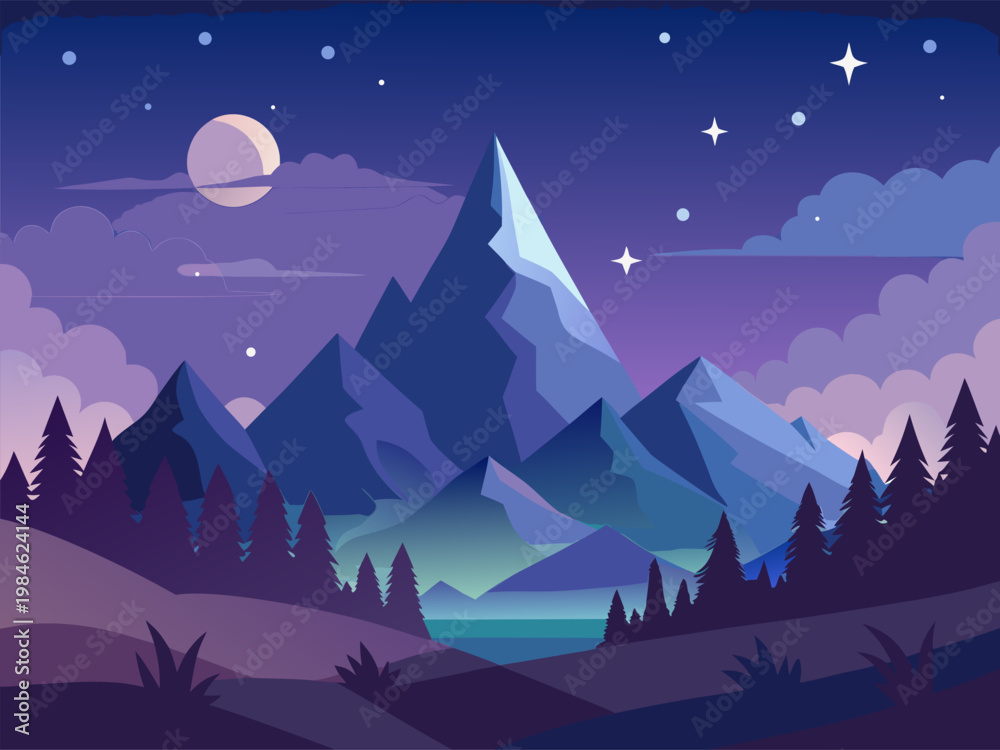 Fototapeta premium Mountain peak rising under moonlight in forested valley night