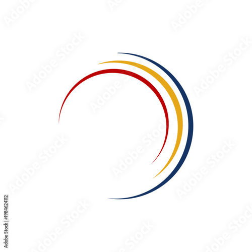 A modern abstract logo featuring three curved lines in red, yellow, and blue, forming a dynamic partial circle on a white background.