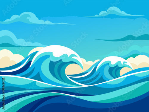 Ocean waves cresting in turquoise sea under blue sky