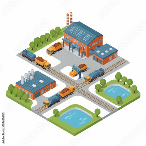 Industrial complex with trains and trucks delivering goods.