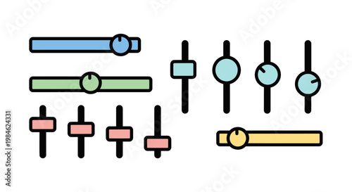 Colorful audio mixer sliders and control panel icons in flat design.