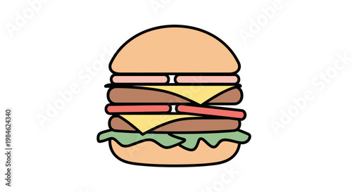 Colorful cartoon illustration of a classic hamburger with lettuce tomato and cheese.