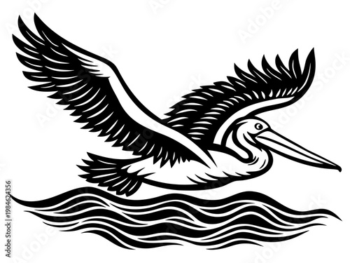 Pelican soaring over stylized waves in black illustration