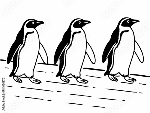Three penguins walking in formation on shoreline illustration