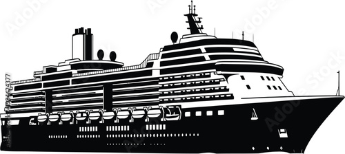 Detailed Black Luxury Cruise Ship Silhouette with Multiple Decks, Large Ocean Liner Vessel Isolated on White
