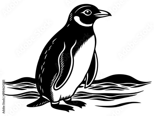 Penguin standing on stylized shoreline black and white