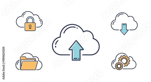 Set of cloud computing and data transfer icons with upload and download symbols.