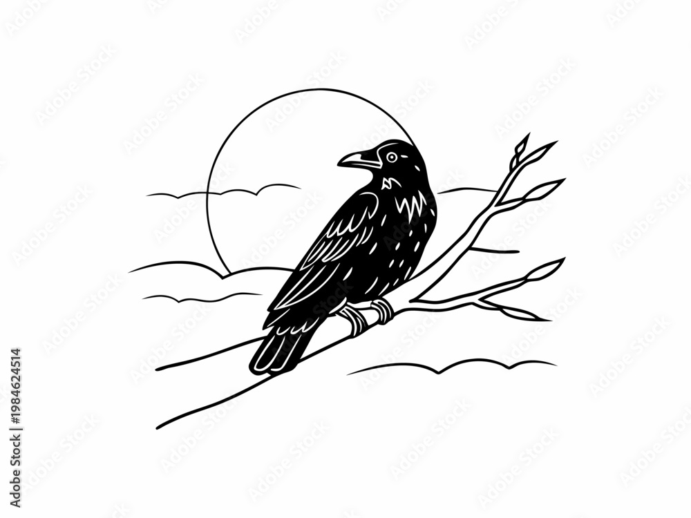 Fototapeta premium Raven perched on branch with sun outline in background