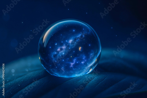 Universe in glass sphere on dark leaf surface