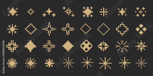Pixel art stars vector set, comic 8-bit game style space light collection featuring retro yellow and gold sparkling stars glitter bursts and night sky elements, pixelated decorative shapes