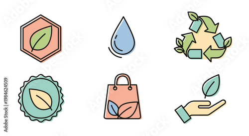 Fotografía Set of eco friendly and sustainable lifestyle icons with green leaf symbols