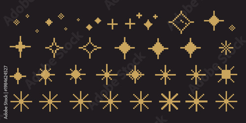 Pixel art stars vector set, comic 8-bit game style space light collection featuring retro yellow and gold sparkling stars glitter bursts and night sky elements, pixelated decorative shapes
