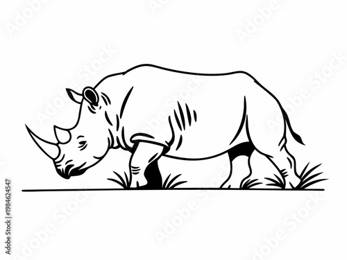 Rhinoceros grazing with grass on flat ground black line art