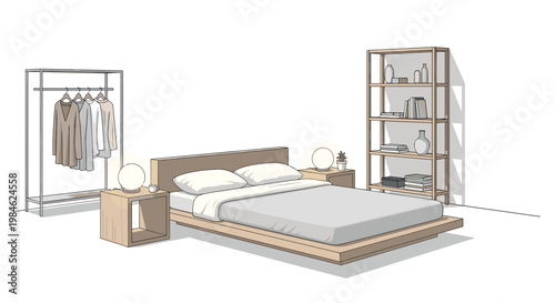 Minimalist bedroom interior design showcases a low-profile bed, two modern bedside tables with lamps, a clothes rack with garments, and a tall open shelving unit.