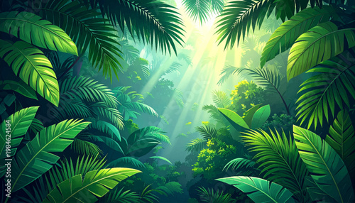 Tropical foliage opening beneath radiant beams and emerald depth. Lush palm scenery ideal for resort spa poster branding. Exotic botanical vista showing misty valley atmosphere