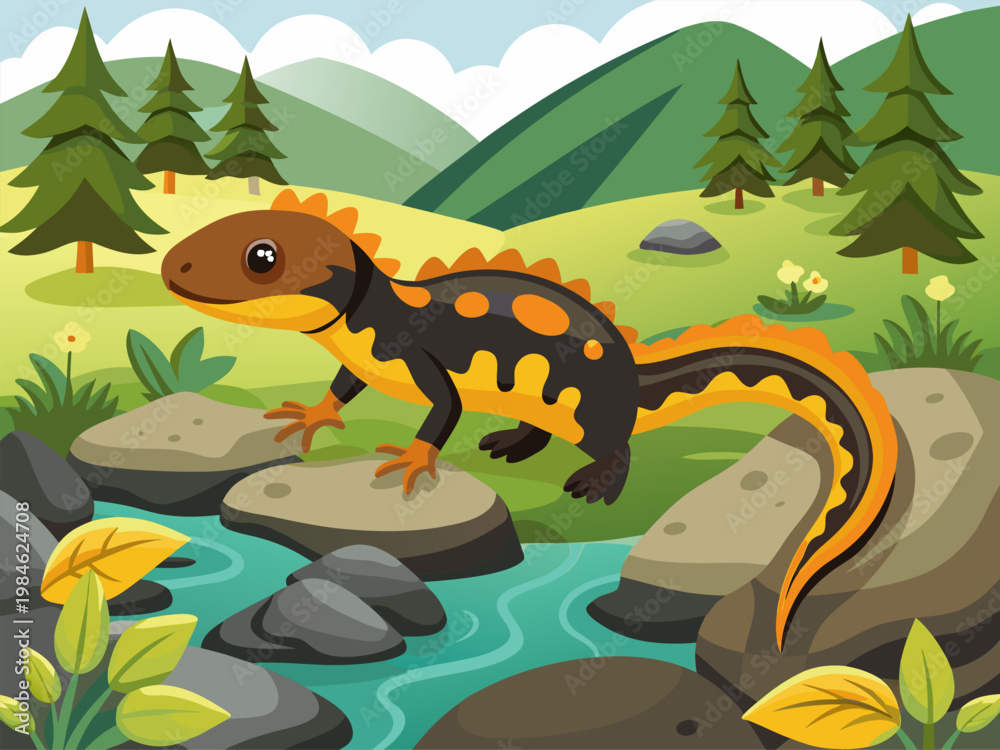 Obraz premium Salamander perched on rock by forest stream landscape